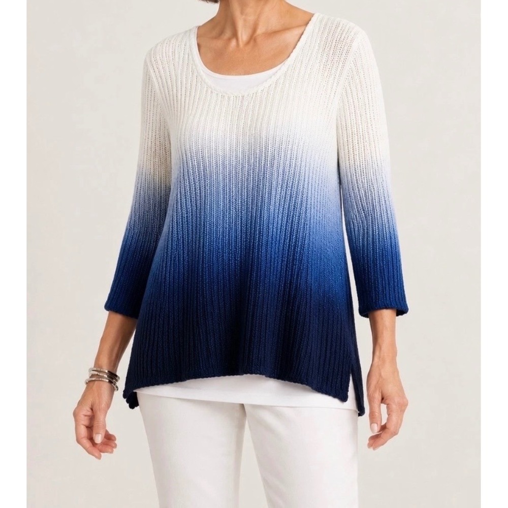 Chicos Travelers Blue Ombre Dip Dye Ribbed Knit Tunic Sweater Womens 2 Large